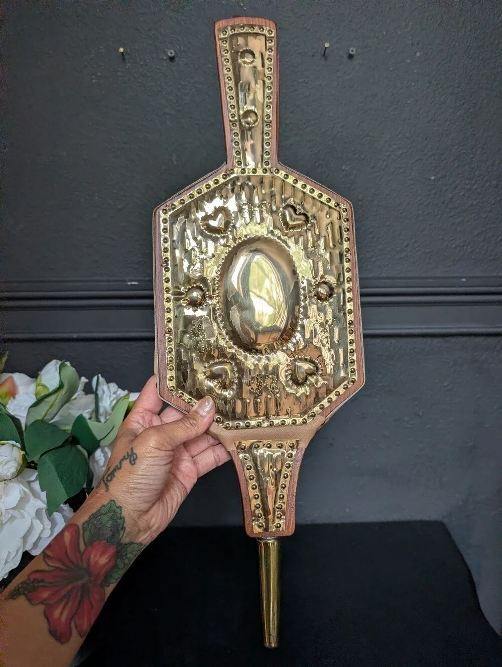Vintage Ornate Brass & Wood Fireplace Bellows Hollywood Regency Spanish Revival